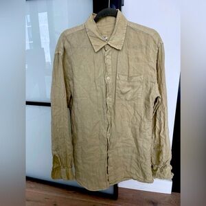 120% Lino 100% Linen Beige Khaki Green Cream long sleeve button up shirt Sz M